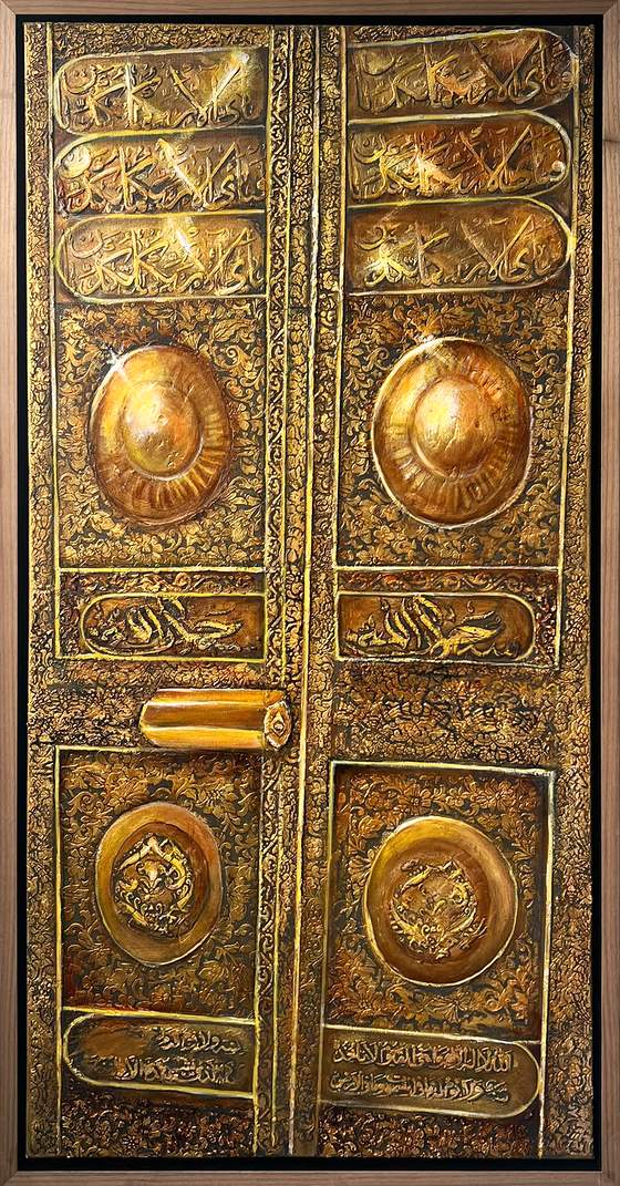 Calligraphy Door by Sofina: gilded double doors framed by calligraphy, mixed media with acrylic and oil