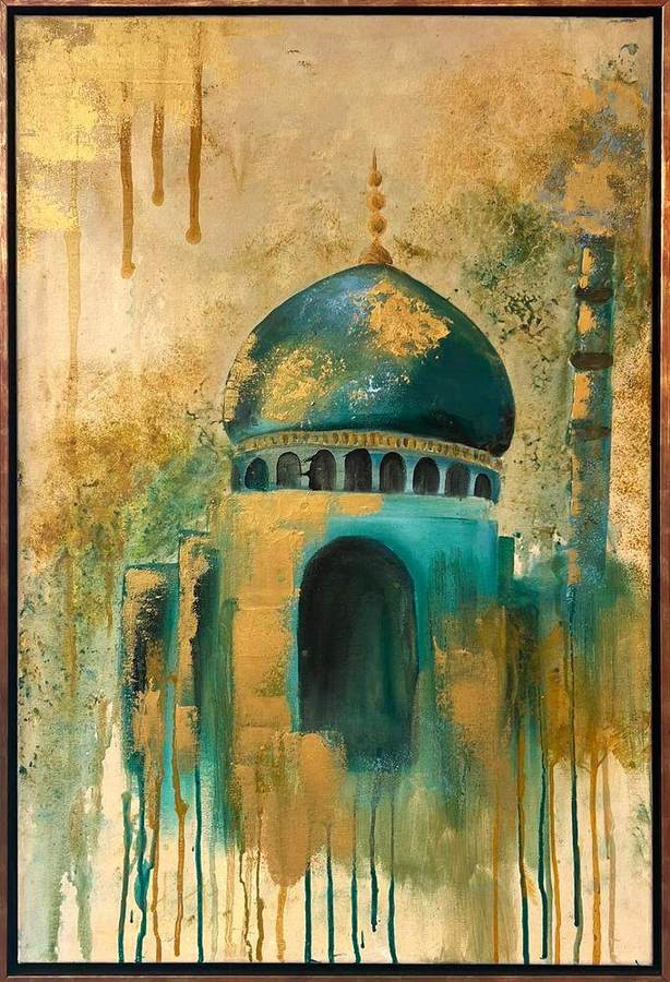 Where Gold Falls by Sofina: a teal dome with gold running down the canvas, acrylic, 76 × 51 cm